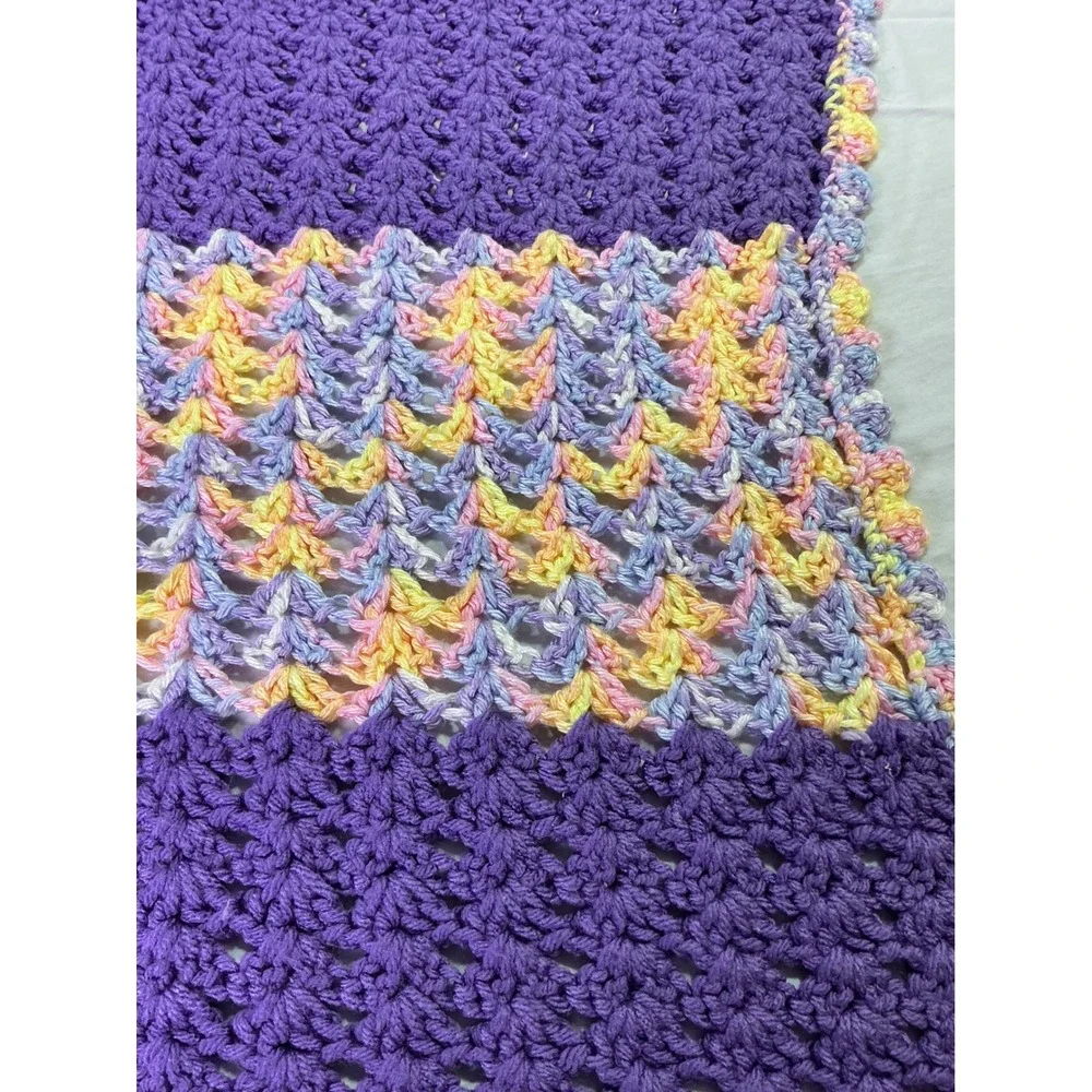 Vintage Handmade Crochet Baby Blanket Purple Pastel Throw 24x24 Cottagecore
